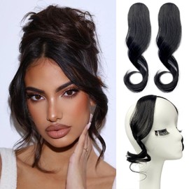 VAVANGA Long Side Bangs Clip in Hair 2PCS Set Brown Black Thick Wavy Curly Hair Bangs Clip on Natural Curly Swept Bangs Fake Fringe Bangs Long Temples Hair Piece for Women (Brown Black)