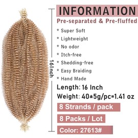 16 Inch Springy Afro Twist Hair 8 Packs Spring Twist Hair for Pre Fluffed Kinky Twist Hair Synthetic Marley Twist Braiding Hair Extensions for Black Women Light Brown Blonde (8 Strands/Pack,27613#)
