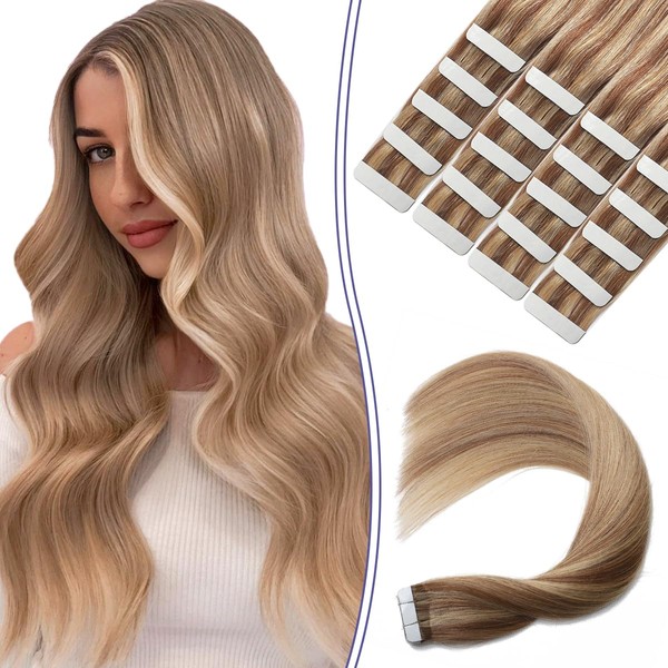 Sindra Tape-In Extensions, Real Hair, Ash Blonde to Bleach Blonde, 20 Pieces, 50 g, 40 cm, Remy Real Hair Extensions, Tape Extensions, Real Hair, Silky Straight, #10/16/16, 16 Inches