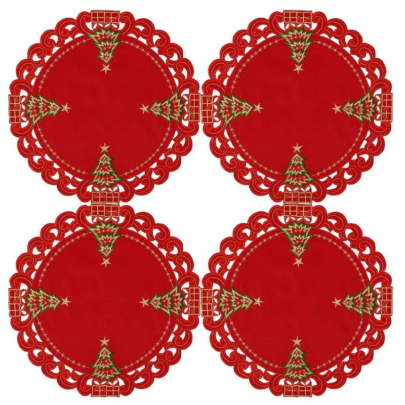 Grelucgo Embroidered Christmas Holiday Holly Tree Table Doily Place-mats (Round