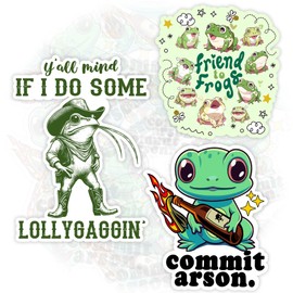 Set 3PCS 3 Inches - Cute Meme Frog Sticker Commit Arson - Y'all Mind If I Do Some Lollygagging - Friend to Frog 3" Waterproof Vinyl Decal for Water Bottles, Tumbler, Laptop, Hard Hat, Car Gift