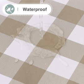 misaya Round Waterproof Vinyl Table Cloth, Buffalo Flannel Backed Tablecloth, Wipeable Plastic Table Cover for Dinner, Kitchen, Picnic (60", Khaki and White)