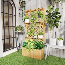 Outsunny Wooden Planter with Trellis, Raised Garden Bed with Hanging Roof, Plant Shelf, Drainage Holes and Bed Liner, for Climbing Plants, Vegetables, Flowers, 30" x 13" x 70", Natural