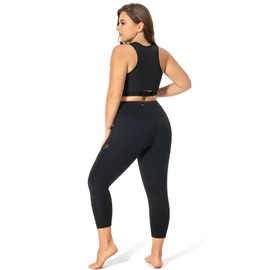 MEJING Plus Size Workout Leggings with Pockets, Womens Capri Yoga Pants High Waisted Tummy Control Mesh Activewear Athletic Leggins Black XL