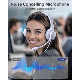 Masajoy USB Headset with Microphone for PC, Wired Headphones with Mic USB Headset with Noise Cancelling Microphone, Computer Headset with Microphone for Home Office Online Class Teams Skype (White)