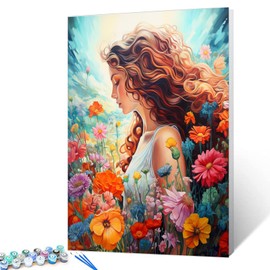 Garden Wildflowers Oil Number Painting for Adults Cute Girl/Lady Easy Paint by Number for Adults Beginner with Brushes and Acrylic Pigment Colorful Flowers Field Artwork Home Decor Gift(16 x 20inch)