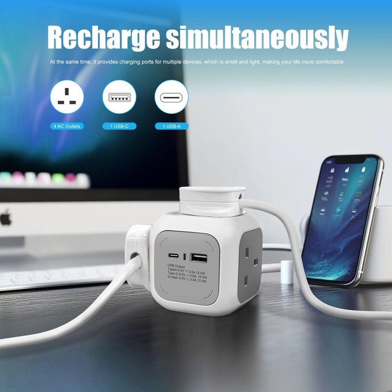 EXTRASTAR 4 Way Cube Extension Lead 1.5M, Power Cube Usb