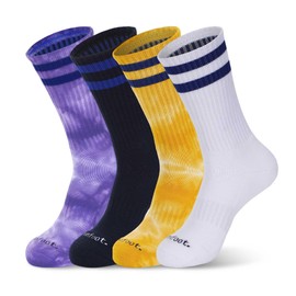 MONFOOT Women's and Men's 4 Pairs Athletic Cushion Crew Socks Tie Dye Blue&Yellow Medium, multipack