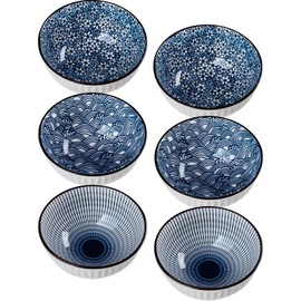 Yuanlity 10 oz Small Ceramic Bowls Set of 6, 4.5 Inch Japanese Blue and White Bowls for Ice Cream, Rice, Dessert, Snack, Dipping, Microwave and Dishwasher Safe - Mixing Pattern