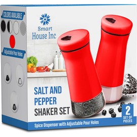 The Original Salt and Pepper Shakers set -Red- Spice Dispenser with Adjustable Pour Holes - Stainless Steel & Glass Set of 2 Bottles