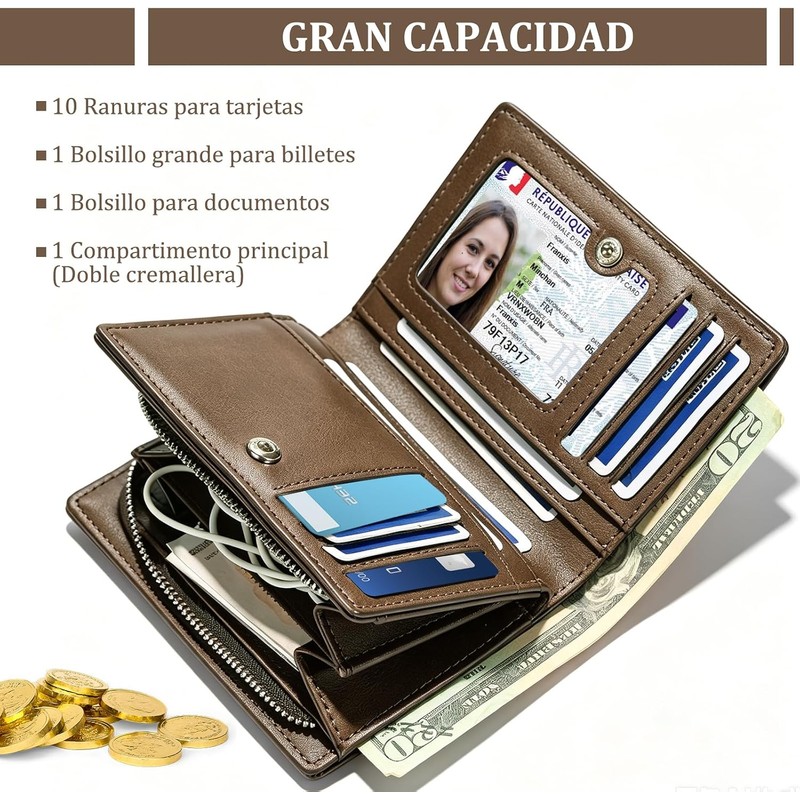 Cartera para Hombre, con RIFD Protección, 11 Ranuras para Tarjetas,