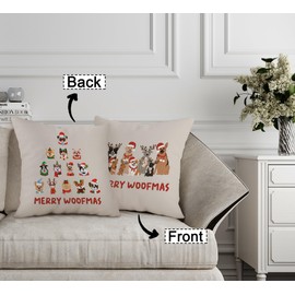 FLDAS Dog Christmas Pillow Covers 18x18, Winter Dog Pillow Cases, Christmas Dog Room Decor, Pillow Cover for Dogs, Merry Woofmas Christmas Dog Reversible Pillows Decorative Throw Pillows Cover