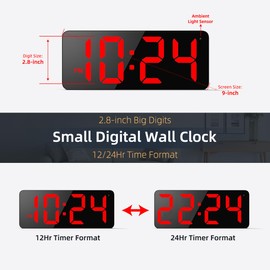 LED Digital Wall Clock with Large Display, Big Digits, Auto-Brightness, 12/24Hr Format, Modern Electric Small Silent Wall Clock for Living Room, Bedroom, Classroom, Farmhouse, Kitchen, Office - Red