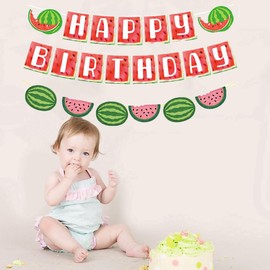Watermelon Happy Birthday Banner, Summer Fruit Theme Party Decorations for Boys and Girls, Sweet One in a Melon 1st Birthday Supplies.