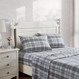 Laura Ashley - Twin Sheet Set, Cotton Flannel Bedding, Brushed for Extra Softness & Comfort (Mulholland Plaid Grey, Twin)