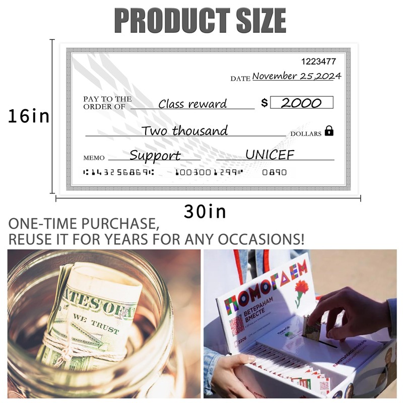 30"x16" Reusable Giant Check Board for Donations,Awards & Presentations -