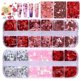 Kalolary 2 Boxes Heart Nail Art Glitter Sequins, Valentine's Day Nail Glitter Sequins, Holographic Heart Laser Nail Sequin, Nail Glitter Sequins for Valentine's Day Nail Decorations Designs Manicure-D