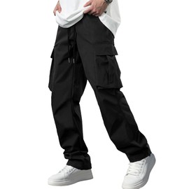 Comdecevis Men's Casual Cargo Pants Workout Joggers Stretch Sweatpants Hiking Drawstring Tactical Pants with Multi Pockets Black