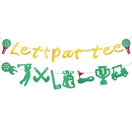 Let's Par Tee Banner, Pre-Strung Gold Glitter Golf Themed Birthday Banner Party Decoration Supplies for Golf Lover