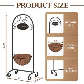 DAMEING Metal Welcome Planter Basket Stand with Coco Liner, 39.5” Hanging Flower Stand with Decorative Welcome Sign, Outdoor Decor for Porch, Garden, Deck