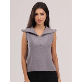 CUFEZN Women's Half Zip Knit Sweater Vest Sleeveless Mock Neck Twist Front Pullover Tank Tops CUS00073 Grey Large