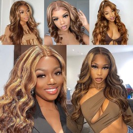 Lakaisa Ombre Highlight Lace Front Wigs Human Hair 150 Density 8A Body Wave Honey Blonde P4/27 13x4 Glueless HD Lace Frontal Wigs for Women Pre Plucked Bleach Knots With Baby Hair 24 Inch