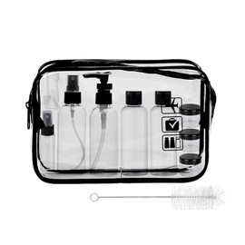 MORICOH Transparent Toiletry Bag with Travel Bottle Set, 14 Pieces Travel Bottle Set (100 ml) and 1 Piece Plastic Bag Approved for Liquids (20 x 20 cm), Black Travel Bottle Set, Clear toiletry bag