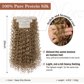 Clip in Hair Extensions, FLUFYMOOZ 4PC 100％ Pure Protein Silk Hair Extensions Long Soft Natural Hairpiece 20 Inch Curly Hair Extension for Women Deep Dirty Blonde