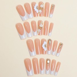 FIEONCIY Press on Nails Coffin Long Glossy Full Cover Acrylic Square French False Nails with White Floral Gems Designs Artificial Ballerina Fake Nails with Charm Glue Stick on Fingernails for Women