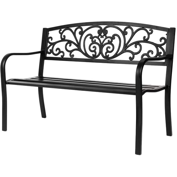 VINGLI 50" Patio Park Garden Bench Outdoor Metal Benches,Cast Iron Steel Frame Chair Front Porch Path Yard Lawn Decor Deck Furniture for 2-3 Person Seat