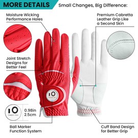 FINGER TEN Golf Gloves Men Right Hand Left Leather with Ball Marker All Weather Value Pack, Mens Golf Glove Wear Resistant Stable-Grip Weathersof for Swing (Red, M/L-Worn on Left Hand)