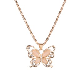 Crystal Bead Hollow Butterfly Pendant Long Popcorn Chain Necklace for Women Friend Vintage Sweater Chain Friendship Jewelry Birthday Gift-A rose gold