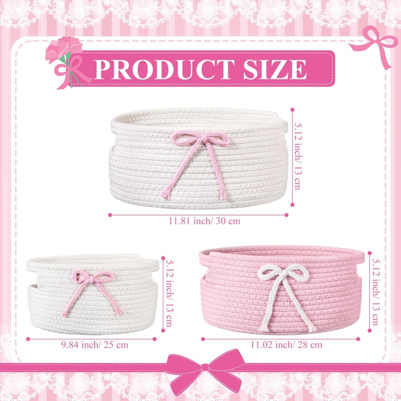 Breling 3 Pieces Coquette Bow Laundry Hamper Cotton Rope Storage