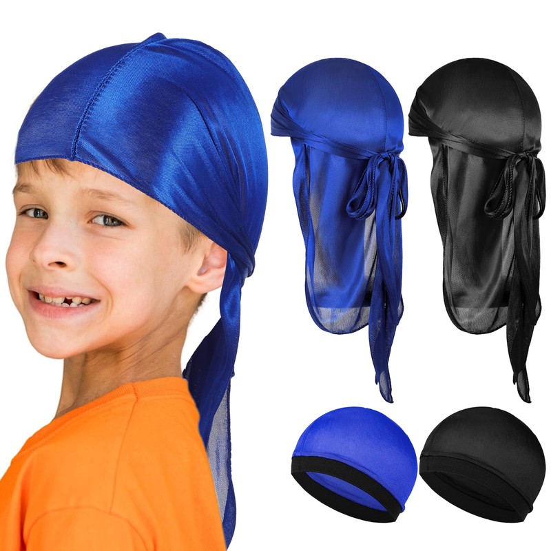 Wanmu 4Pcs Kids Silky Durag with Wave Caps Set, Silky