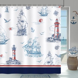 Bonhause Navy Blue Nautical Shower Curtain, Coastal Beach Lighthouse Sailboat Seagull Anchor Bathroom Curtain 72 x 72 Inch Polyester Fabric Waterproof Bath Curtain with 12 Hooks