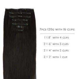 Wennalife Clip-In Human Hair Extensions, 40 cm, 120 g, 7 Pieces, Natural Black Hair Extensions, Clip-In Real Hair, Remy Hair Extensions, Natural Real Hair Extensions