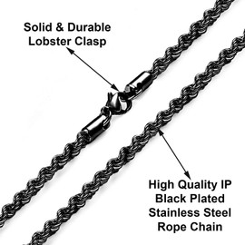 Savlano 2mm-5mm Stainless Steel Black Color Rope Twist Necklace Chain For Men & Women Comes in 16-30 inches With a Gift Box (24, 4mm)