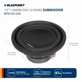 BLAUPUNKT BPW-HX120D 12" 1000W DVC Car Subwoofer Audio Speaker - 500WRMS / 1000WMax - 25Hz-500Hz Frequency Response - Treated Paper Cone with Rubber Surround