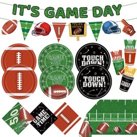 Football Party Supplies Serve 24, Includes Football Plates, Dessert Plates, Napkins, Cups, Banner and Tablecloth, Football Party Decorations for Super Bowl Party Football Game Tailgate Party