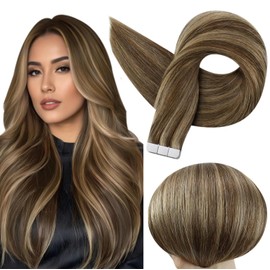 Full Shine Tape in Hair Extensions Human Hair Color 4p27 Brown Highlighted Honey Blonde Hair Extensions for Women Couture Real Human Hair 16 Inch Tape in Extensions 50G