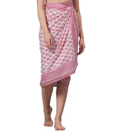 ANJANIYA 100% Cotton Swimsuit Cover-Up, Indian Hand Block Printed Sarong Wraps Bikini Cover-Up for Women (Coral Red White)