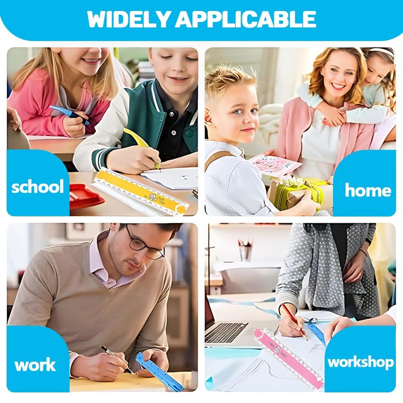 Pack of 4 Rulers 30 cm Primary School, Multifunctional Folding