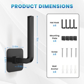 4 Pack Hat Rack for Baseball Caps - Multi-Purpose Wall Hat Organizer for Baseball Caps with Strong Adhesive/Drilling, Hat Hooks for Closet, Door, Bedroom, Hat Holder Storage Organizer(Black, 5in)