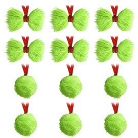 Bunny Chorus Christmas Decorations Indoor: 12pcs Green Plush Faux Fur Christmas Tree Ornaments, Fluffy Grinchmas Hanging Bows Xmas Ball Ornaments for Tree Garland Fireplace, Home School Office Décor