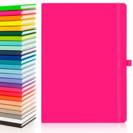 Notes London A4 Eco Notebook with Lined Pages, Pen Loop, Ribbon, Date Marks and Paper Pocket, Medium Hardback Journal, Note, fluorescent, sustainably sourced paper (Neon Pink)