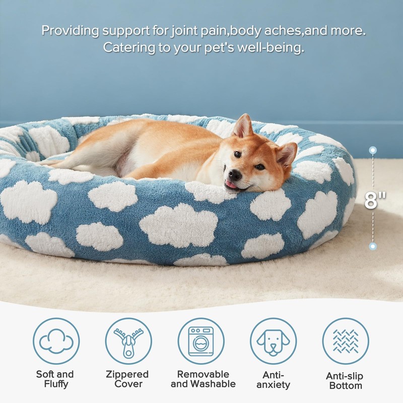 JOEJOY Jacquard Donut Round Dog Beds Medium Sized Dog,Blue 30x30x8in,