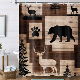 Rustic Cabin Shower Curtain for Bathroom, Bear Deer Forest Wildlife Country Lodge Bath Curtains, Hunting Camping Animal Waterproof Fabric Bathroom Accessories Set, 60x70 inch with Hooks