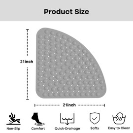 XIYUNTE Corner Shower Mat Non Slip - 21 x 21 Inches Corner Shower Mats for Inside Shower, Non Slip Triangle Shower Mat, Corner Shower Stall Mat with Suction Cups, Machine Washable, Grey
