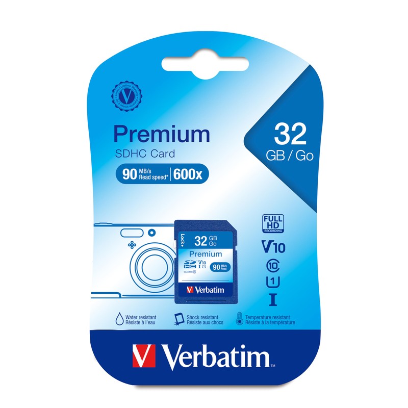 Verbatim 32GB Premium SDHC Memory Card, UHS-I Class 10, Blue