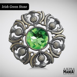 Elegant Scottish Kilt Fly Plaid Brooch - Premium Thistle Design with Sparkling stone, Handcrafted Tartan Sash Pin, Luxurious Highland Dress Accessory for Women's (Brass Antique, Irish Green)